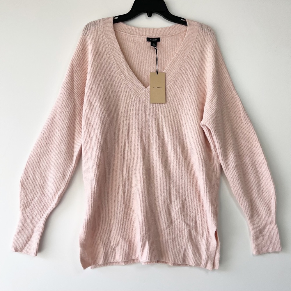 Halogen pink smoke ribbed v-neck knit sweater